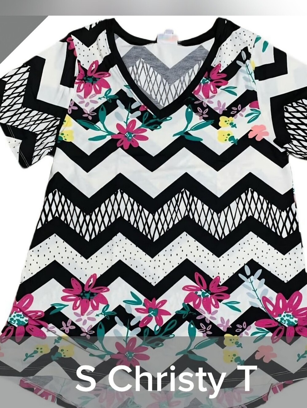 Christy Black & White Chevron V‑Neck Top with Pink Floral Accents